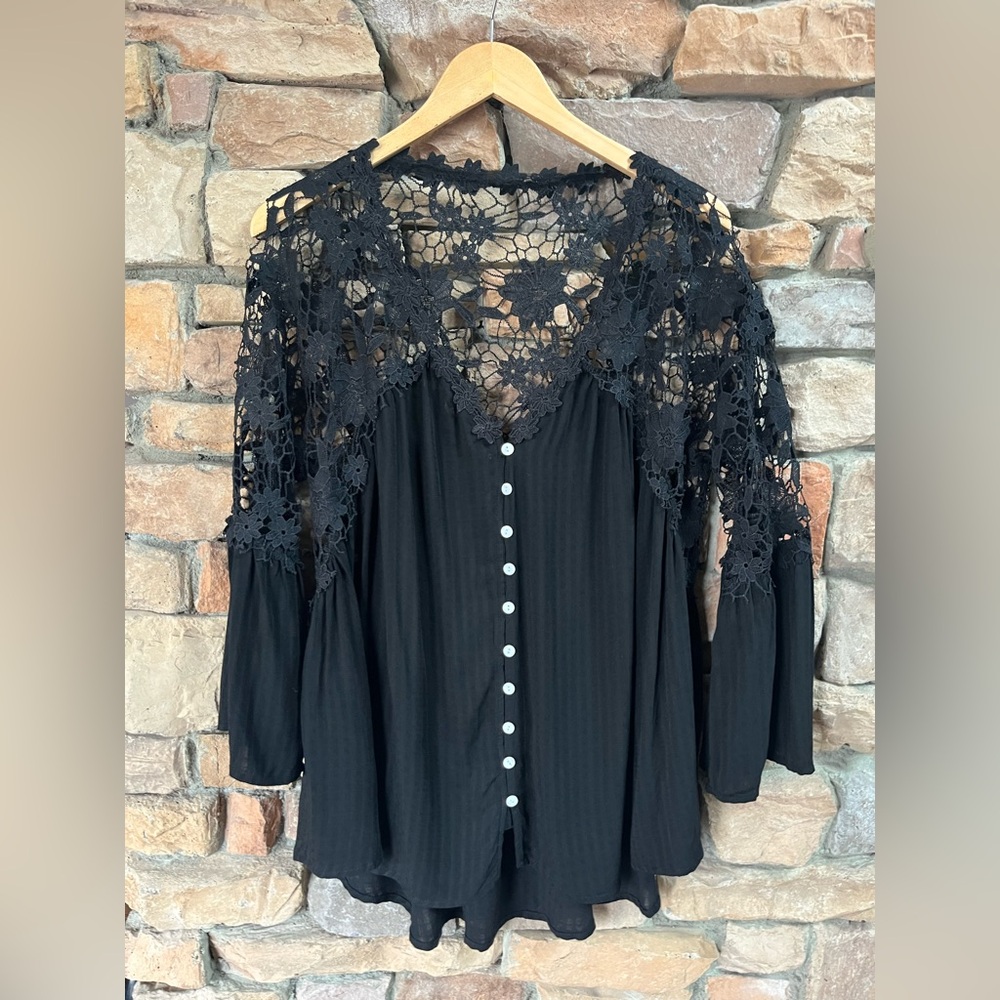 Black Crochet Button-Up Women's Top